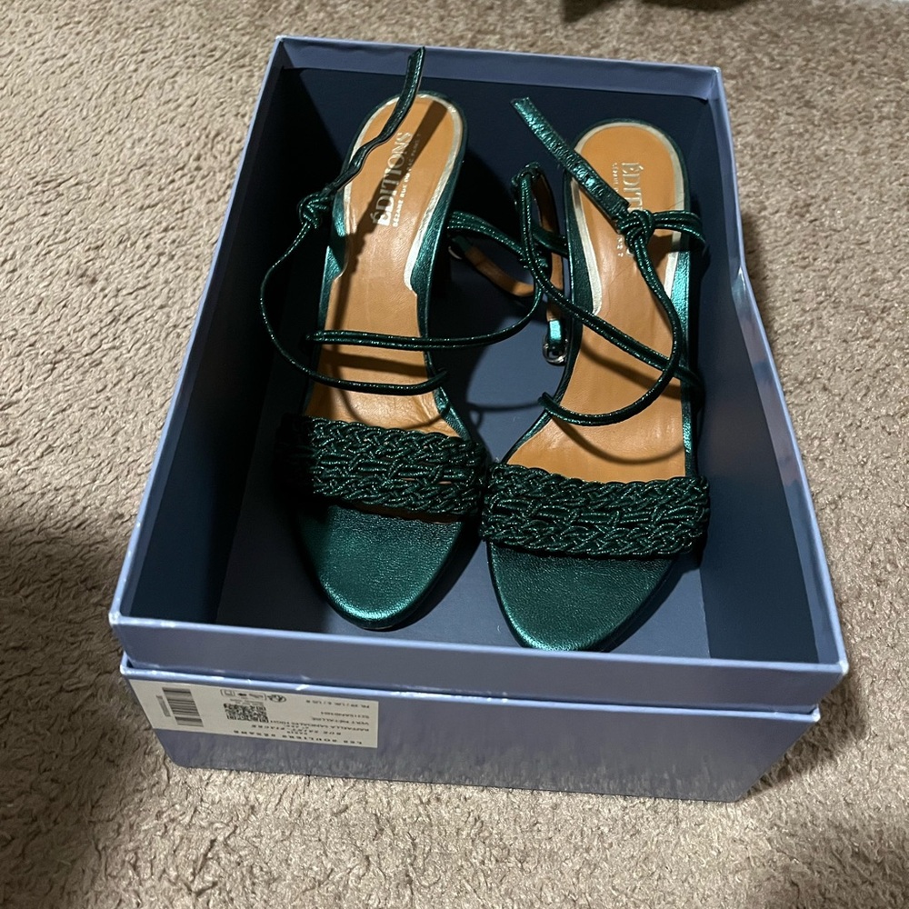 Sézane Raffaella high sandals, metallic green, new in box. FR size 39, US 8.